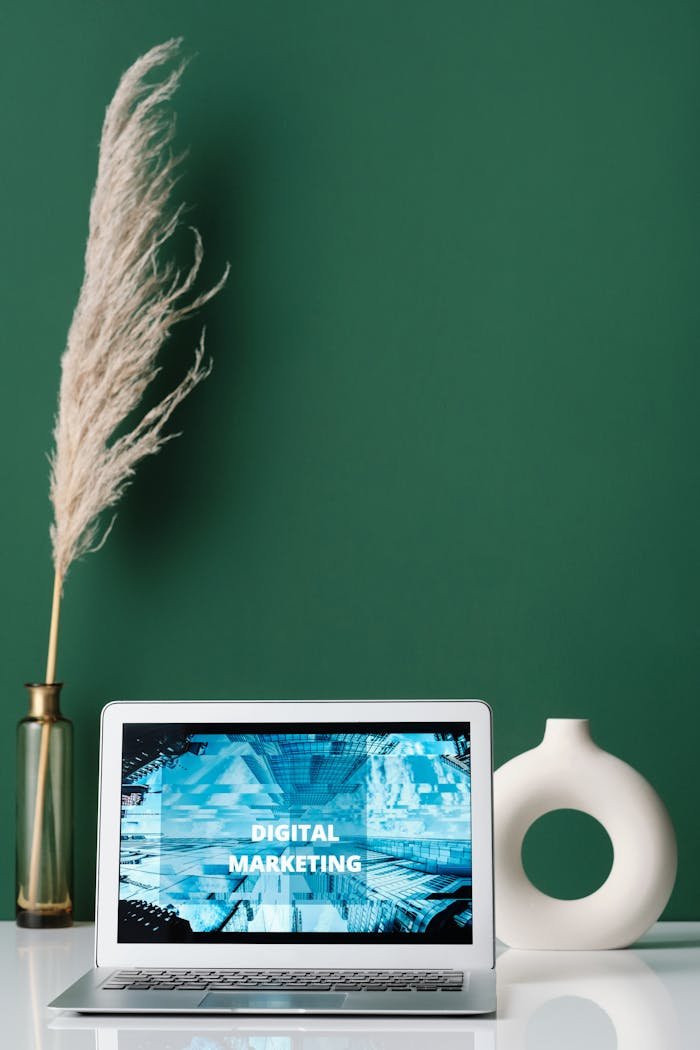 A Silver Laptop with Digital Marketing Title on Screen